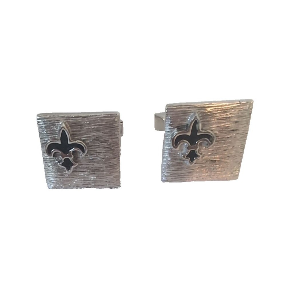 Vintage Swank Fleur-De-Lis Silverstone Cufflinks Black Enamel